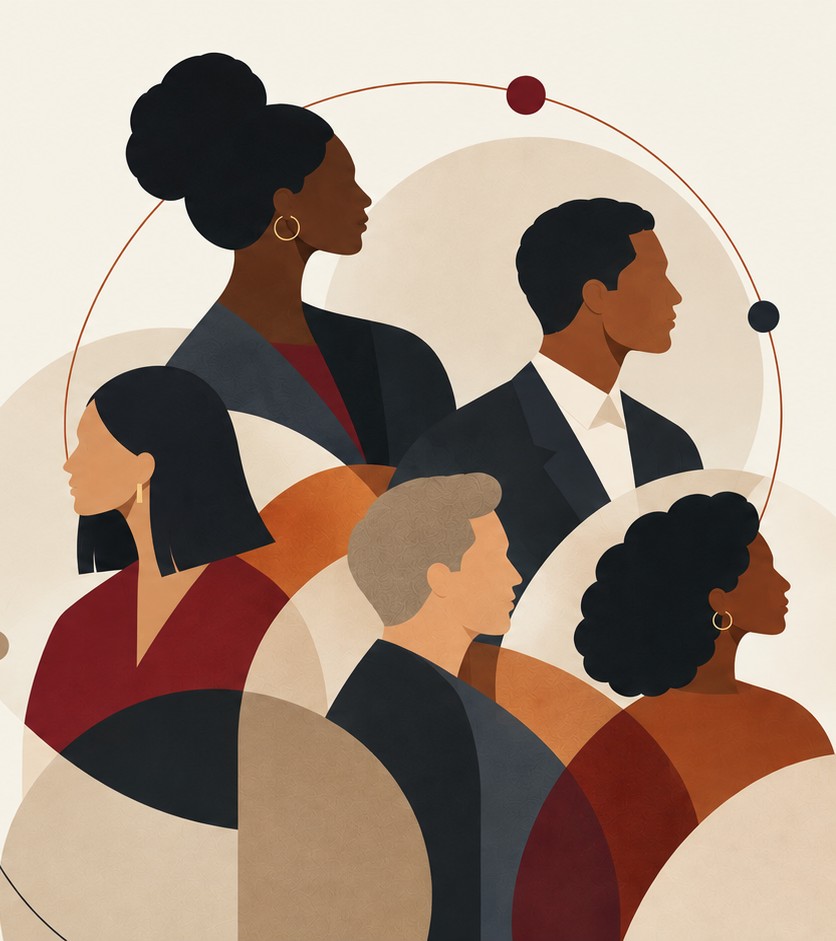 Illustration of five diverse professionals in profile